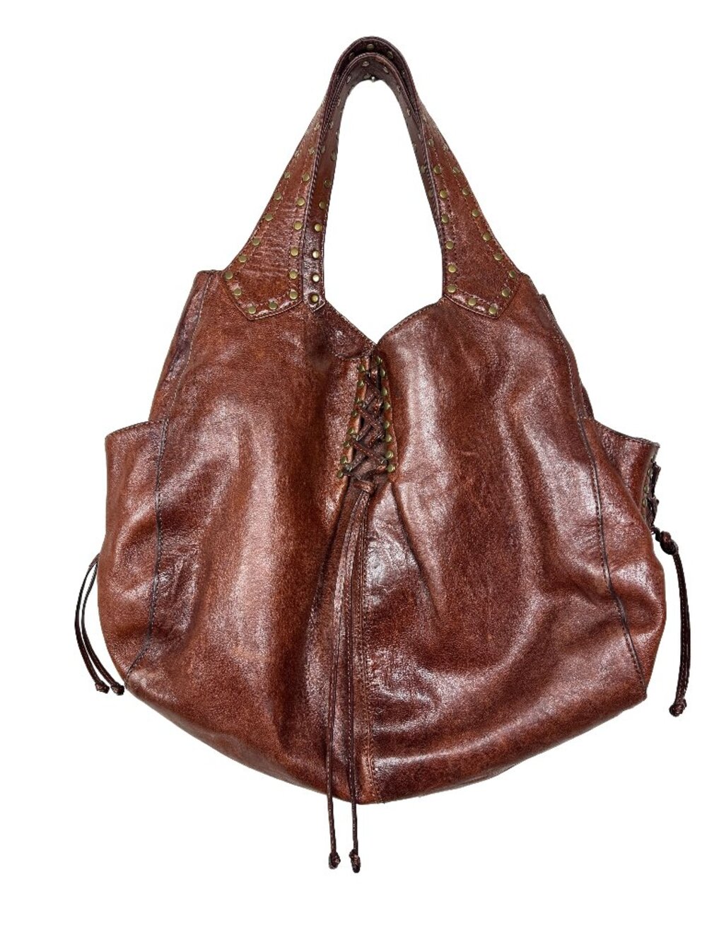 Kooba Limited Edition Annie Brown Leather Hobo Bag Corset Lacings Brass Studs
